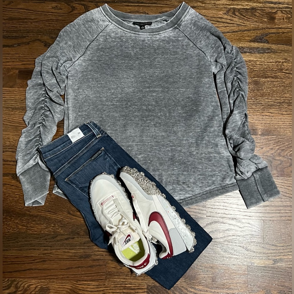 Joan + Delancey Cozy Gray Long Sleeve Knit Shirt with Ruched Sleeves - Size S